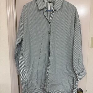 Free People Green and White Striped Button-Down Shirt